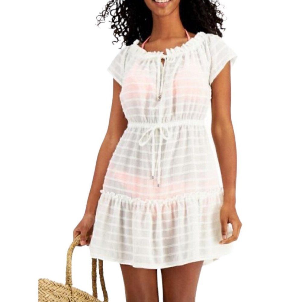 Miken White Juniors' Ruffled Swim Cover-up Dress Sparkle Extra Small NWT - Picture 1 of 8